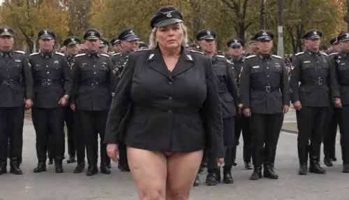no skirt, no panties on a CURVY 51-year-old European woman, grandma with hidden shaggy tits and shaggy belly under buttoned BLACK Military parade suit. Shaved pussy is visible. Light grey blond hair, ((wrinkles:1.5)), . Dark lipstick on thin lips, BLACK makeup, glasses. Slut face. She is dressed only with, ((buttoned BLACK Military parade suit:1.5)), buttoned up on the tits, ((officer's peaked CAP:1.5)), ., ((NO skirt:1.5)), NO PANTIES. long boots, belt, ((shaved pussy visible:1.5)), full figure visible, outdoor, war parade, realistic image, ultra HD, 8k, ((daylight)), HD, true colors, detailed portrait. No blur, ultra HD photorealistic full height 8k, megachubsdxl, morbidly, obese, <lora:megachubsdxl_13:.8>, <lora:milkers_v2:.8>, <lora:uniform:.8>