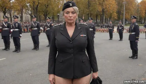 ((no skirt:1.5)), no panties on a CURVY 51-year-old European woman, grandma with hidden shaggy tits and shaggy belly under buttoned BLACK Military parade suit. Shaved pussy is visible. Light grey blond hair, ((wrinkles:1.5)), . Dark lipstick on thin lips, BLACK makeup, ((glasses:1)), . Slut face. She is dressed only with, ((buttoned BLACK Military parade suit:1.5)), buttoned up on the tits, ((officer's peaked CAP:1.5)), ., ((NO skirt:1.5)), NO PANTIES. long boots, belt, ((shaved pussy visible:1.5)), full figure visible, outdoor, war parade, realistic image, ultra HD, 8k, ((daylight)), HD, true colors, detailed portrait. No blur, ultra HD photorealistic full height 8k, megachubsdxl, morbidly, obese, <lora:megachubsdxl_13:.8>, <lora:milkers_v2:.8>, <lora:uniform:.8>