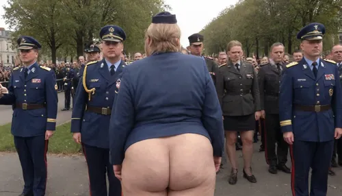 ((no skirt:1.5)), no panties on a OBESE 51-year-old European woman, grandma with hidden shaggy tits and shaggy belly under buttoned BLACK BLUE Military parade suit. Shaved pussy is visible. Light grey blond hair, ((wrinkles:1.5)), . RED lipstick on thin lips, BLACK makeup, ((glasses:1)), . She is dressed only with, ((buttoned BLACK BLUE Military parade suit:1.5)), buttoned up on the tits, ((officer's peaked CAP:1.5)), ., ((NO skirt:1.5)), NO PANTIES. long boots, belt, ((shaved pussy visible:1.5)), full figure visible, outdoor, war parade, realistic image, ultra HD, 8k, ((daylight)), HD, true colors, detailed portrait. No blur, VIVID COLOR full height 8k, megachubsdxl, morbidly, obese, <lora:megachubsdxl_13:.2>, <lora:milkers_v2:.2>, <lora:uniform:1.5>, sagging, breasts, <lora:sagging-000015:.1>