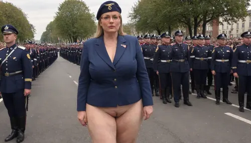 ((no skirt:1.5)), no panties on a OBESE 51-year-old European woman, grandma with hidden shaggy tits and shaggy belly under buttoned BLACK BLUE Military parade suit. Shaved pussy is visible. Light grey blond hair, ((wrinkles:1.5)), . RED lipstick on thin lips, BLACK makeup, ((glasses:1)), . She is dressed only with, ((buttoned BLACK BLUE Military parade suit:1.5)), buttoned up on the tits, ((officer's peaked CAP:1.5)), ., ((NO skirt:1.5)), NO PANTIES. long boots, belt, ((shaved pussy visible:1.5)), full figure visible, outdoor, war parade, realistic image, ultra HD, 8k, ((daylight)), HD, true colors, detailed portrait. No blur, VIVID COLOR full height 8k, megachubsdxl, morbidly, obese, <lora:megachubsdxl_13:.2>, <lora:milkers_v2:.2>, <lora:uniform:1.5>, sagging, breasts, <lora:sagging-000015:.1>