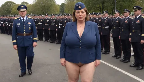 ((no skirt:1.5)), no panties on a OBESE 51-year-old European woman, grandma with hidden shaggy tits and shaggy belly under buttoned BLACK BLUE Military parade suit. Shaved pussy is visible. BLACK hair, ((wrinkles:1.5)), . RED lipstick on thin lips, BLACK makeup, ((glasses:1)), . She is dressed only with, ((buttoned BLACK BLUE Military parade suit:1.5)), buttoned up on the tits, ((officer's peaked CAP:1.5)), ., ((NO skirt:1.5)), NO PANTIES. long boots, belt, ((shaved pussy visible:1.5)), full figure visible, outdoor, war parade, realistic image, ultra HD, 8k, ((daylight)), HD, true colors, detailed portrait. No blur, VIVID COLOR full height 8k, megachubsdxl, morbidly, obese, <lora:megachubsdxl_13:.2>, <lora:milkers_v2:.2>, <lora:uniform:1.5>, sagging, breasts, <lora:sagging-000015:.1>