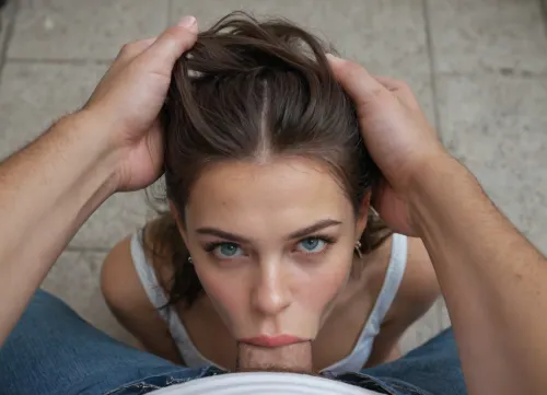 Tentation de gorge profonde

- Oui.

L'image générée par l'IA montre une femme de 25 ans avec de gros seins et un corps sportif, portant un top blanc et un short en jeans. Elle s'agenouille devant un homme blanc et sportif entièrement habillé, avec seulement sa bite qui sort de son pantalon. Il s'empresse les cheveux bien en lui donnant une pipe de gorge profonde, les détails de sa bite bien définie visible.