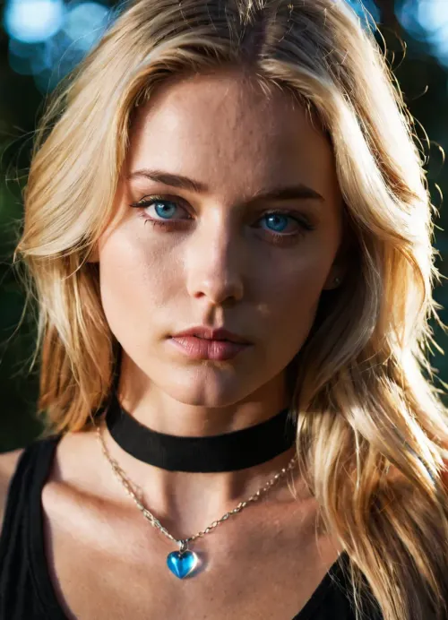A woman with long blonde hair and striking blue eyes, adorned with a choker necklace featuring a heart pendant, wears a black tank top with a transparent chest panel. Her expression is one of contemplation, with a slight hint of sadness. The background is dark with a subtle bokeh effect, emphasizing the subject in the foreground. Soft, warm light from the upper left corner casts gentle shadows on her face, creating an intimate atmosphere. The scene is framed with a slight film grain, giving it a nostalgic, cinematic quality.