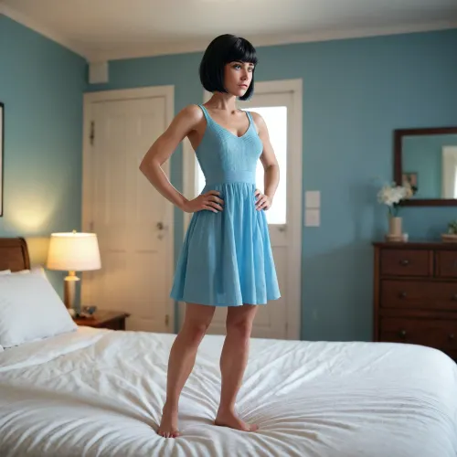 sundress, dancing, front view, she's a muscular woman, bedroom, bob haircut and bangs, black-haired, blue-eyed, voxel graphics, tanned cutie, full-length