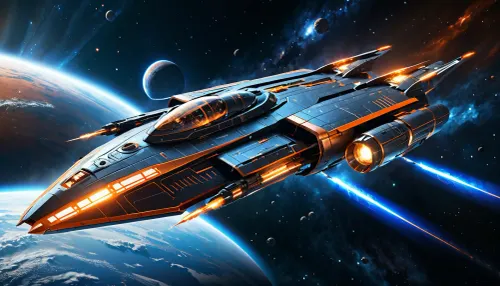 A sleek, dark grey and bronze-toned futuristic spaceship with intricate hull details and glowing orange light emanating from within its chassis, firing blue energy projectiles from its front cannons and propulsion flames from its rear engines, flying through a dark, star-speckled space. Science Fiction Art, Digital Rendering Cinematic Lighting, Glowing Effects, Orange and Blue Contrast Lighting Dynamic Angle, Diagonal Composition Highly Detailed Spacecraft, Atmospheric, Vibrant Colors, Futuristic, Explosions