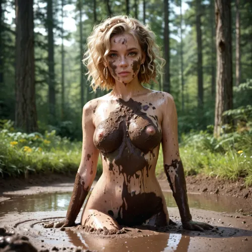 blonde, naked, mud bath, mud puddle, sweaty body, body covered in mud up to the waist, forest