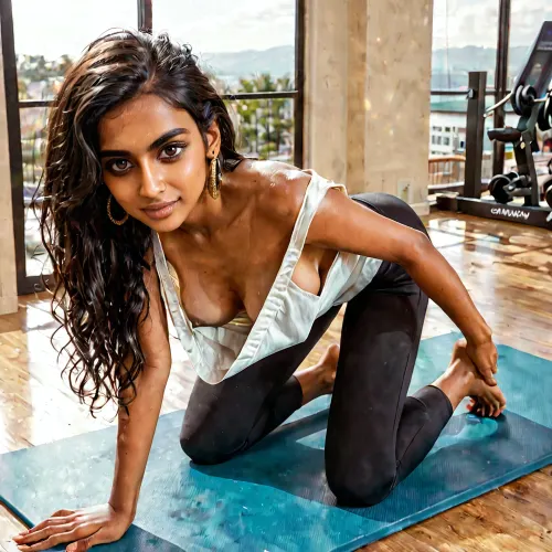 33yo, ((Indian girl)), cute, skinny, slender, not so tall, long hair, she has a serene expression. brown perfecteyes, Indian, beauty, most, beautiful, and, attractive, sexy, body, (office), (tanned), medium breasts, areolas visible, nipples visible, ((((downblouse)))), (((side boob))), perfect face, kneeling on a yoga mat in the gym, wearing black yoga pants and a very loose-fitting white tanktop, breasts visible while doing downward yoga
