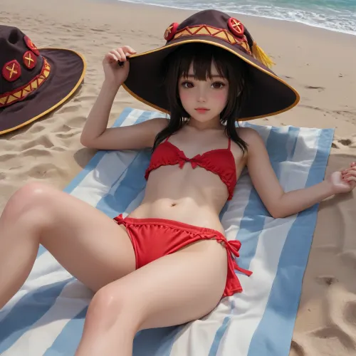 score_9, score_8_up, score_7_up, score_6_up, short Megumin pads her flat chest, Megumin is sunbathing on the beach on the sand, her body completely visible from head to toe, spread, <lora:Microwaist_XL_v01:1>