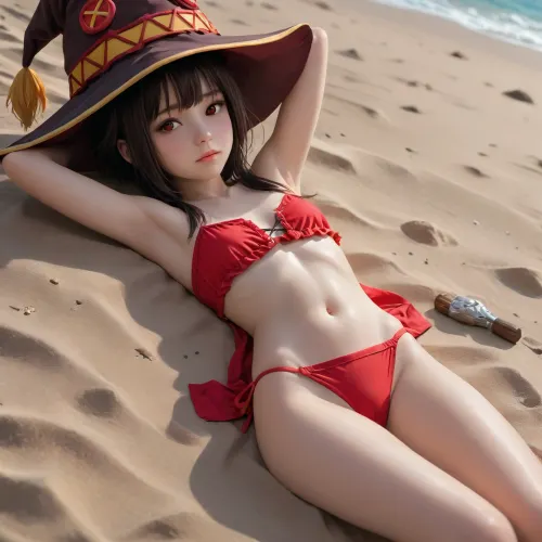 score_9, score_8_up, score_7_up, score_6_up, short Megumin pads her flat chest, Megumin is sunbathing on the beach on the sand, her body completely visible from head to toe, spread, <lora:Microwaist_XL_v01:1>