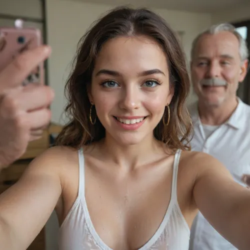 Selfie of 2persons, 1 girl, much cum on her face, 1 very old man, smiling