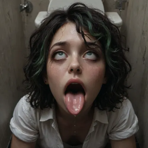 (only girl), (solo), (t33n), (no penis), (dark makeup), (Top-down view), (The head is raised), (Looks up), (only head), (very t1ny face, v3ry young face, very cute face, Bаby face, Freckles, much Freckles, Acne, much Acne, green eyes, Red Capillaries in eyes, rainbow hair color, rainbow hair, lush hair, Sticky hair, Sweaty hair, Matted hair, small nose, cute nose, Plump lips, Big lips, Thick eyebrows, Plump eyebrows, rainbow eyebrows, Dyed eyebrows, Ruined makeup, Ruined, makeup, Crying makeup, Sticking tongue, saliva on tongue, split on tongue, Slobbery tongue, saliva in mouth, split China, Rolled eyes), (ahegao), (ahegao eyes), (orgasm face), (tongue), (Rolled), (open mouth), (split), (slobbery), 1girl, ruanyi0181, indoors, toilet, no, humans, <lora:dark:.2>, <lora:add-detail-xl:2>, <lora:0181 dirty toilet_xl_v2:.2>