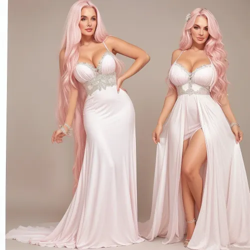 Pretty woman long pink hair medium breasts large ass, long white dress
