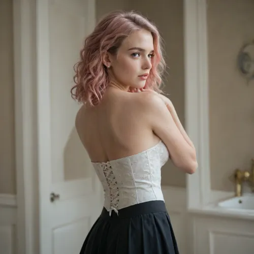 Pretty woman long pink hair medium breasts large ass, white corset, black skirt