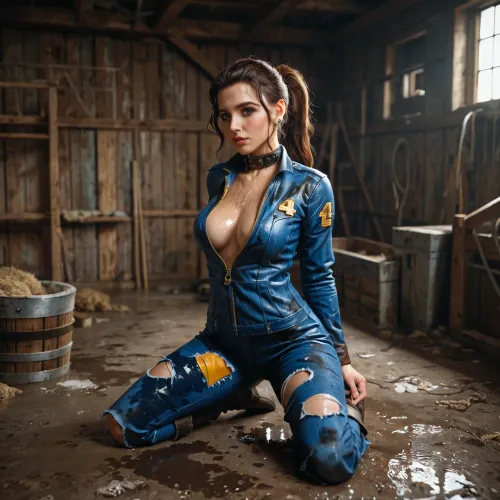 Lucy Maclean from Fallout, brunette, long hair in a ponytail, blue leather uniform with yellow edges, collar and zippers, torn and ripped uniform, wet body, kneeling in an abandoned warehouse
