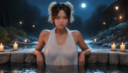 One 35 years old japanese woman, asian face, reddened cheeks, half-closed eyes, mouth ajar, no makeup, sitting in an onsen, body immersed in water, aqua level at the navel, long black hair in bun, (big breasts:1.1), tiny moon, (dark night:1.9), (very hot water vapor:1.4), (negative_v2, (Color_Balance_Adjustment:.8), see-through_silhouette, towel, nude)