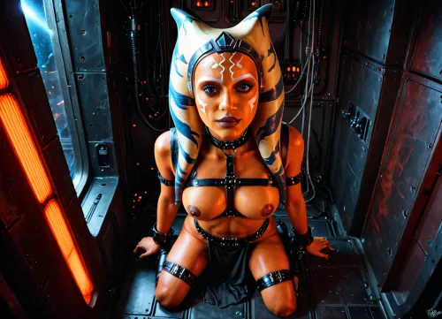 A scene from a Star Wars movie where 1male Stormtrooperm is forcefully rounding up 2 scarcely dressed intergalactic gorgeous alien hookers, 1Twi'lek with green skin and 1Togruta, wearing pelvic curtain, slavekini, slave, leia, outift, streets of Mos Eisley, Star Wars themed setting, Stormtroopers, futuristic Red Light district, ultrarealistic, soft lighting, 8k, hdr 720p, full body visible, full figure, photo from above, Ahsoka, 4li3n, b4r, bondage, outfit, nipples, wrapped, in, leather, straps, harnesses, and, garters, harness, naitaopidai, Male, Twi'lek, Female, male, togruta, female, <lora:4li3nb4r:.8>, <lora:naitaopidai_XL_reg0_:.8>, <lora:twi'lek:2>, <lora:1420586_training_data:1.4>