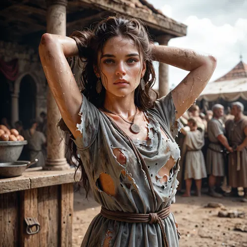 Brunette, long hair styled in a bun, gray Roman slave tunic, dirty and torn tunic, wide neckline, very sweaty body, hands behind head, rusty iron necklace, Roman market, 3/4 body view