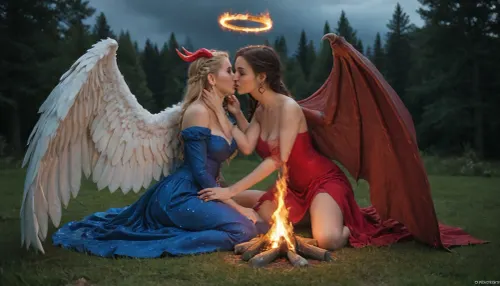 brunette demon girl with small red horns and red bat-like wings in red dress sitting on grass, blonde angel girl with massive white dove wings in blue dress behind her, long blue silk dress, (braid), lesbians, m size boobs, exposed breast, 6ft tall, kiss, (massive wings), (red pointy tail), (fire horns), (tiny minions around), campfire, halo, (burning witch), (night)