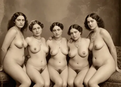 Vintage 1890s Victorian interracial mature, chubby, small saggy breasts, lesbian orgy, full body, jewelry, pubic hair, albumen, old torn sepia photograph, <lora:PerfectEyesXL:.8>, <lora:polyhedron_all_sdxl-000004:1.1>, <lora:253562_training_data:.8>, <lora:old_world:.8>