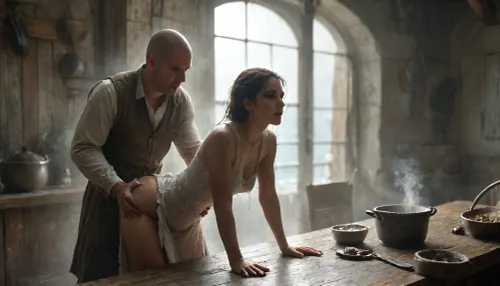 1man, 1girl, 16th century., (Peter is an very much ugly, ultra fat, bald head, male matured cook:1), in the galley of a pirate sailing ship, his belly is fat and round. highly detailed face, partly toothless. The clothing corresponds to simple 16th-century cotton dress clothing. Peter is fucking Maria from behind in the low light galley, Maria is Peter's kitchen helper, (Maria is sexy, young and slim:1), Peter fucks Maria from behind, Peter push Maria to bent over the pot of soup, while Maria stirs a large pot of soup on the fire, rough, (sweaty bodies:1.7), extremely heat in the galley, highly detailed messy dirty galley, cinematic, (masterpiece, detailed), FRESHIDEAS, Real, Photography, 2#, Black, and, white, art, black, shading, charcoal, toned, brutal, dark, b/w, color, scheme, <lora:FRESHIDEAS Real Photography 2#:.6>, <lora:Black and white art.V1:.4>, <lora:MJ52:.4>, <lora:add-detail-xl:1.1>, <lora:Dramatic_penis_SDXL:.8>