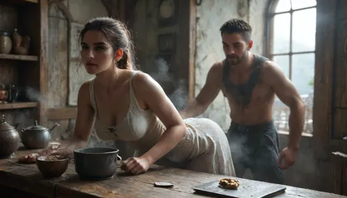 1man, 1girl, 16th century., (Peter is an very much ugly, ultra fat, bald head, male matured cook:1), in the galley of a pirate sailing ship, his belly is fat and round. highly detailed face, partly toothless. The clothing corresponds to simple 16th-century cotton dress clothing. Peter is fucking Maria from behind in the low light galley, Maria is Peter's kitchen helper, (Maria is sexy, young and slim:1), Peter fucks Maria from behind, Peter push Maria to bent over the pot of soup, while Maria stirs a large pot of soup on the fire, rough, (sweaty bodies:1.7), extremely hot stove, boiling overflowing pots on the messy stove, smoke and steam mixing in the air, (smoke and steam:1.3), stuffy hot galley, highly detailed messy dirty galley, cinematic, (masterpiece, detailed), FRESHIDEAS, Real, Photography, 2#, Black, and, white, art, black, shading, charcoal, toned, brutal, dark, b/w, color, scheme, <lora:FRESHIDEAS Real Photography 2#:.6>, <lora:Black and white art.V1:.5>, <lora:MJ52:.4>, <lora:add-detail-xl:1.1>, <lora:Dramatic_penis_SDXL:1.9>