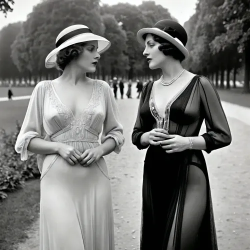 1920s vintage black and white photograph, frivolous milfs sheer in Parisian park, style of Alexandre dupouy, AgedSepiaCE, <lora:PhotoAgedSepia01-00_CE_SDXL_128OT:.8>
