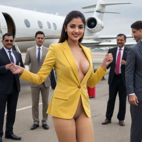 Indian Bengali woman, 18 years old young Beautiful sexy bengali sexy married wife, prominent sexy face, mediam breasts, high tied up hair, (smile:.7), (clothing, (micro mini very short length, fully transparent totally seethrough pantyhose with a proper yellow velvet blazer without shirt, pantyhose, pantimedias, with a businessman who is in business suit, holding the business man's hand, standing outside a private jet airplane on a crowded airfield)), shaking hand with a crowd of businessman delegation, among the crowd, sarrounded by the crowd in a crowded airfield, totally seethrough clean shaved pussy, shaking hand with the crowd