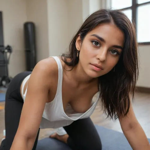 19 yo, ((Indian girl)), cute, skinny, slender, not so tall, long hair, she has a serene expression. brown perfecteyes, Indian, beauty, most, beautiful, and, attractive, sexy, body, (office), (tanned), medium breasts, areolas visible, nipples visible, ((((downblouse)))), (((side boob))), perfect face, kneeling on a yoga mat in the gym, wearing black yoga pants and a very loose-fitting white tanktop, <lora:PerfectEyesXL:1.8>, <lora:RealDownblouseXL2:1.4>