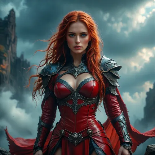 Stunning warrior princess. 30 years old. Long autumn red hair. Red leather clothing. Seductive pose, fantasy mystical setting, mist, cloud, dark, 32k super high quality, ultra realistic, hkstyle, <lora:454069_training_data:1.4>, <lora:Adjust_SDXL_v3.0:1.6>, <lora:MJ52:1.7>, <lora:SDXLFaeTastic2400:1.2>, <lora:hkstyleV5:1.6>