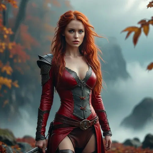Stunning warrior princess. 30 years old. Long autumn red hair. Red leather clothing. Seductive pose, fantasy mystical setting, mist, cloud, dark, 32k super high quality, ultra realistic, <lora:454069_training_data:1.9>, <lora:Adjust_SDXL_v3.0:1>, <lora:MJ52:.8>