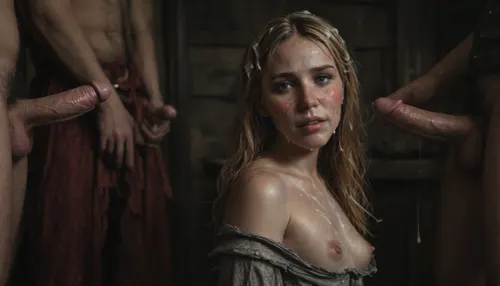 ((gangbang porn scene)), ((anal sex:1.7)), ((facial)), ((wide shot:2)), ((side view:1.6)), medieval theme, tavern, drinking, debauchery, ((hairy mature natural tall slender curvy woman)), ((small breasts)), ((no makeup)), ((blushed face)), ((blonde hair)), ((very much cum on face:1.7)), ((cum dripping from chin)), (white sticky cum), (lewd horny joyful expression:1.3), ((looking at viewer inviting)), (eyes wide open), smut, filth, (medieval dress ripped and torn:1.3), breasts exposed, ((cum on breasts dripping from nipples)), ((cum on dress)), ((cum on back dripping down:1.3)), (cum in hair:1.4), stretchmarks, pimples, wet hair, wet body, shiny skin, sweaty, <lora:dark:.1> ((gangbang porn scene)), ((anal sex:1.7)), ((facial)), ((wide shot:2)), ((side view:1.6)), medieval theme, tavern, drinking, debauchery, ((hairy mature natural tall slender curvy woman)), ((small breasts)), ((no makeup)), ((blushed face)), ((blonde hair)), ((very much cum on face:1.7)), ((cum dripping from chin)), (white sticky cum), (lewd horny joyful expression:1.3), ((looking at viewer inviting)), (eyes wide open), smut, filth, (medieval dress ripped and torn:1.3), breasts exposed, ((cum on breasts dripping from nipples)), ((cum on dress)), ((cum on back dripping down:1.3)), (cum in hair:1.4), stretchmarks, pimples, wet hair, wet body, shiny skin, sweaty, <lora:dark:.1>