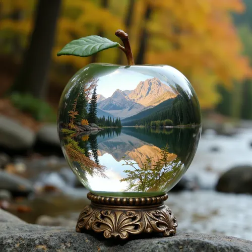 FIRST, Close-up of a beautiful large crystal apple with, [a forest landscape inside], . The apple floats in, [a crystal clear mountain stream], . Inside the apple, [a bright autumn forest at dawn], double exposure, blurred background. Cinematic poster. SECOND, Dreamy, surreal, (double exposure:1.3), (beautiful cup as a portal), (inside, bright sunset over a calm lake surrounded by dense forest and majestic mountains:1.1), (intricate gold details on the cup, bronze base), isolated on white, highly detailed, cinematic lighting. Here are two templates. Experiment. Change what's in brackets to what you need. Do you know how to use the chatbot?