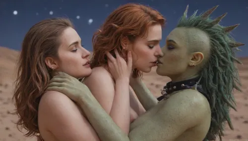 desert, (stars:2), (night:2), (human girl), (big boobs), redhead, (green alien), (green tail), sex, Saturn, (spikes:2), (lesbian:2)