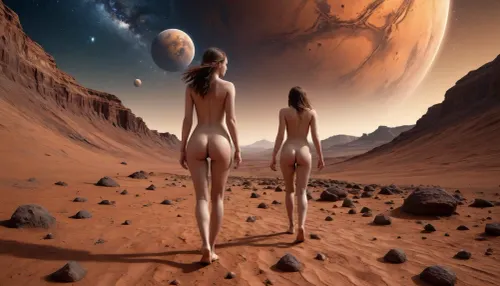 An 18-year-old girl walks naked on the surface of the red planet, Mars, the frame shows the Milky Way, unearthly space creatures, alien craft, UFOs, lunar structures, full range of colors, falling meteorites, other planets, an unearthly view, breathtaking, the highest image quality, extremely realistic detailed image, ultra-detailed, high resolution, best quality, 8k, HDR.