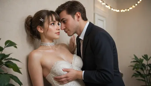 Romantic indoor setting, decorated with warm string lights hanging from the ceiling, glowing bokeh lights, greenery and floral arrangements, cozy atmosphere, elegant party, soft warm lighting, dreamy cinematic background couple in the foreground, looking at each other, smiling playfully, ((groping each other)), . Petite 23 year old girl, against the wall, with young man, black suit, girl wearing long white lace dress, small soft tits, brown hair, bob hairstyle, blunt bangs, small round innocent face, horny, blushed, ultra high details, detailed face, hyper realistic, slut, hair in her face, dynamic pose, white choker, hair clips, skin imperfections, freckles on her face, skinny, most beautiful eyes, detailed eyes, green eyes, big ass, thick thighs, fullbody, high contrast lightning