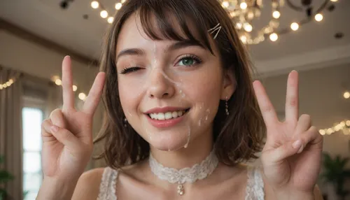 Romantic indoor setting, decorated with warm string lights hanging from the ceiling, glowing bokeh lights, greenery and floral arrangements, cozy atmosphere, elegant party, soft warm lighting, dreamy cinematic background, smiling playfully, facial, (((lots of cum on face))), (peace sign), five fingers, detailed hands, ((wink)), . Petite 23 year old girl, mouth open, with young man, girl wearing long white lace dress, brown hair, bob hairstyle, blunt bangs, small round innocent face, horny, blushed, ultra high details, detailed face, hyper realistic, slut, hair in her face, dynamic pose, white choker, hair clips, skin imperfections, freckles on her face, skinny, most beautiful eyes, detailed eyes, green eyes, high contrast lightning, pov view
