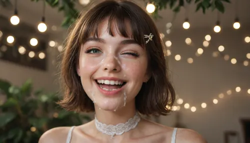 Romantic indoor setting, decorated with warm string lights hanging from the ceiling, glowing bokeh lights, greenery and floral arrangements, cozy atmosphere, elegant party, soft warm lighting, dreamy cinematic background, smiling playfully, facial, (((lots of cum on face))), ((laughing hysterically)), ((wink)), . Petite 23 year old girl, ((mouth wide open)), with young man, girl wearing long white lace dress, brown hair, bob hairstyle, blunt bangs, small round innocent face, horny, blushed, ultra high details, detailed face, hyper realistic, slut, hair in her face, dynamic pose, white choker, hair clips, skin imperfections, freckles on her face, skinny, most beautiful eyes, detailed eyes, green eyes, high contrast lightning, pov view
