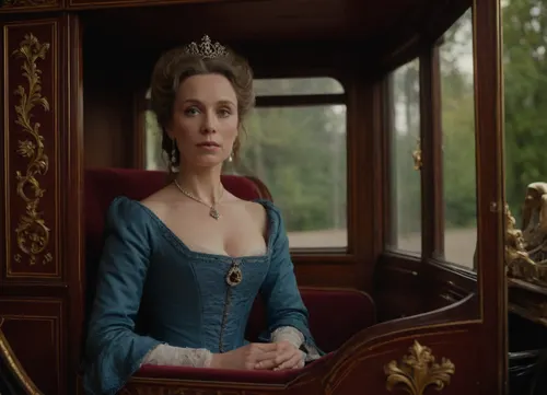 (hyperréaliste), superbe marquise de 50 ans du 16ème siècle en France, avec son amant habillé en officier, cleavage, detailed face, detailed eyes, full body view, in a royal carriage