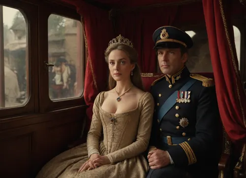 (hyperréaliste), stunning 50-year-old princess from 14th-century France, with her lover dressed as an officer, cleavage, detailed face, detailed eyes, full body view, in a royal carriage