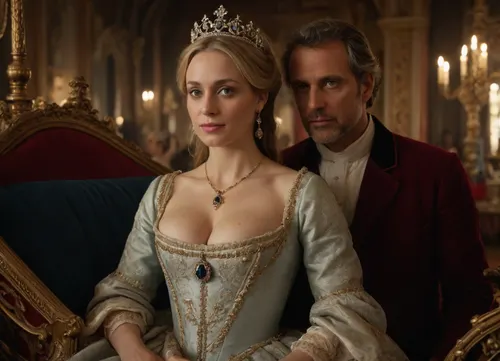 (hyperréaliste), stunning 50-year-old princess from 14th-century France, with her lover, cleavage, detailed face, detailed eyes, full body view, in a royal carriage