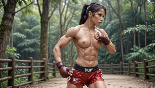 thai girl, muay thai fighter, traditional muay thai outfit, muay thai headring, Mongkol, boxing gloves, muay thai fighting pose, (oiled skin:1.3), long black hair, Barefoot, outdoor, thailand jungle, side view, 4ng3l, face, uberfit, muscular, athletic, <lora:SDXL_BetterFaces-LoRA_v1:2>, <lora:uberfit_lora_sdxl:1.1>, Jackhanma, <lora:Jack_Hanma-000009:.8>