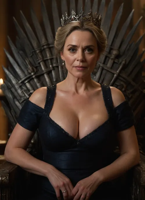 (hyperréaliste), british woman 50-years old, detailed face, sexy queen, cleavage, large breasts, sitting on iron throne