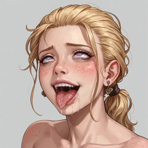 freckles, blond tied ponytail hair, ahegao, crazy, yandere