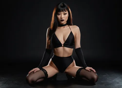 Actress Hana Mae Lee sensual figure, smooth glowing skin, brown eyes, blank semi-long hair, kneeling on a soft surface. Her back is slightly arched, hands resting on her thighs, a tattoo small at her left leg, a goth style makeup, black lipstick, black painted eyes, head tilted gently to the side with an alluring expression. Shot in a minimalist studio with dramatic lighting that creates subtle shadows across her body, ultra-detailed photorealism, perfect anatomy, lifelike detail, cinematic photography, 8K HDR..