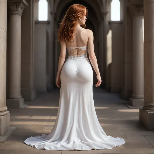 (masterpiece, best quality, highres, photorealistic), (full body shot:1.2), stunning redhead woman standing elegantly in a sunlit Mediterranean courtyard, udmurt facial features, 20 years old, tall, 185cm, (waist long flowing hair:1.3), facing front and back, her long braided ponytail flowing gracefully down her back, wearing a long-sleeved white dress that perfectly accentuates her hourglass figure, (slim waist:1.4), (curvaceous hips:1.3), (tight-fitting fabric emphasizing her silhouette:1.3), a subtle slit at the back revealing her toned legs, muscular back, (big sexy beautiful breasts:1.4), large boobs, huge tits, (big boobs:1.3), (bubble butt:1.5), (big ass:1.5), slim body, (slim figure:1.2), (toned abs:1.3), worked out abs, muscular abdomen, delicate fingers, warm golden sunlight casting soft shadows on the white stucco walls, intricate architectural details with elegant arches and black wrought iron railings, a peaceful and luxurious atmosphere, ultra-detailed fabric texture, perfect depth of field, high contrast, 8K resolution.