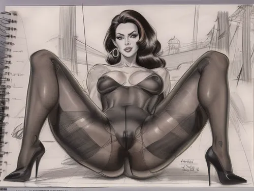 (((drawing sketch, pencil sketch))), NSFW, old art studio sketch drawing, detailed face, perfect ass, looking as viewer, perfect slim body, tanned, dark hair, short curly hair, round butt, perfect round breasts, sheer black seamless pantyhose, stiletto hight heels, outdoor, walking, nylon gloves, (((seamless_pantyhose))), standing, round, breasts, white, background, full, body, (medium), ((Rio de Janeiro background)), 90´s fashion model, pencil, monochrome, sketch, traditional, media, graphite, dandecarlo, vintagenudeslora, no panties, hairy pussy, lineart, flat, color, colors, <lora:lineart + flat colors v2:1>