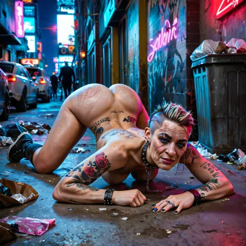 (18 year old naked, lying on the floor like rubbish, broken slave, full of rubbish around her, night with light, lot of people looking her, slave young adult girl, bondage, submissive), skinny, boney, tall ass, breast, shaved pussy, slut, kinky, punk, piercings, ruined makeup, fine tattoos, trash young adult girl, garbage, realistic, super detailed, messy, perfect skin, full body, ass up, urban, cyberpunk, sci-fi, neon punk, sunny, detailed face, pale skin, tattoos, piercing, punk hair, hair, depraved young adult girl, (tits lash marks, tits wrinkles:1.3)