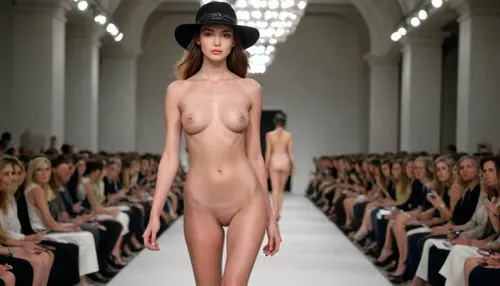 On a fashion show, female very pretty young tall slender fashion model, nude wearing only a haute cuture hat and platform heels, walking on runway, shaved pussy, long legs, busty, many spectators sitting on both sides of the runway, detailed face, detailed pussy, by P-S, by Young-mi Woo, by Monique Lhuillier, cinematic, perfect photography, <lora:493467_training_data:2>