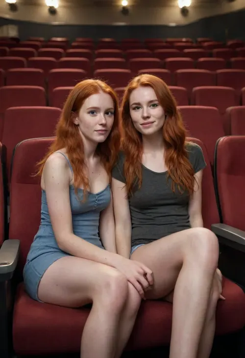 (full Body), Mom-Daughter, Mom 50 long haid, Daughter cute petite red hair freckles 20 years old, Theater, (Mom sitting on mans hard cock), .