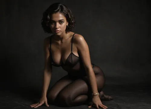 dark caramel brown Skin, 55 years old, latina woman, gorgeous, medium round Breasts, nice round Ass, Full-face blush, curly Short Hair, kneeling forward, Looking at Viewer, Thighs Exposed, Erect Nipples, dark caramel tanned skin, brown eyes, medium breasts, dark curly black hair, very elegant woman, each wrist has a bracelet, lots of jewelry, toned body, long toned legs, erect nipples, ((glossy 30 denier black nylon sheer crotch bodystocking)), brown tanned skin, no shoes, pantyhosed feet, view full body, BadX, very, dark, focused, flash, photo, <lora:Chiaroscuro-v1:1.5>, <lora:sdxl_darkflash_v6-000060:1.4>, <lora:dark:1.1>